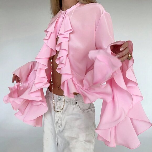 Pink Party Women's Ruffle Front & Bell Sleeves Chiffon Blouse - Picture 1 of 4